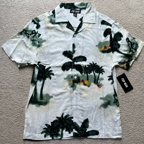 Pop Man Men's Short Sleeve Button Up Shirt Palm Tree Beach Print Green White S - Picture 8 of 13